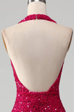 Fuchsia Mermaid Halter Paljett Balklänning Med Slits