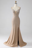 Glittrande Champagne Mermaid Spaghetti Straps Lång Balklänning med slits