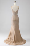 Glittrande Champagne Mermaid Spaghetti Straps Lång Balklänning med slits