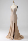 Glittrande Champagne Mermaid Spaghetti Straps Lång Balklänning med slits