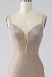 Glittrande Champagne Mermaid Spaghetti Straps Lång Balklänning med slits