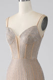 Glittrande Champagne Mermaid Spaghetti Straps Lång Balklänning med slits