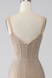 Glittrande Champagne Mermaid Spaghetti Straps Lång Balklänning med slits