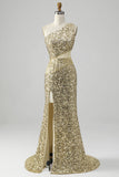 Gyllene One Shoulder Fringe Paljett Prom Klänning Med Slits