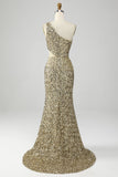 Gyllene One Shoulder Fringe Paljett Prom Klänning Med Slits