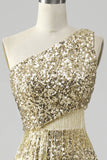 Gyllene One Shoulder Fringe Paljett Prom Klänning Med Slits