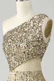 Gyllene One Shoulder Fringe Paljett Prom Klänning Med Slits