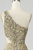 Gyllene One Shoulder Fringe Paljett Prom Klänning Med Slits