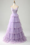 Lila Tyll Tiered Princess Corset Balklänning med applikationer