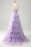 Lila Tyll Tiered Princess Corset Balklänning med applikationer