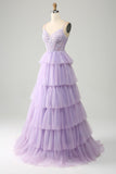 Lila Tyll Tiered Princess Corset Balklänning med applikationer