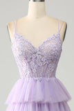 Lila Tyll Tiered Princess Corset Balklänning med applikationer