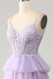 Lila Tyll Tiered Princess Corset Balklänning med applikationer