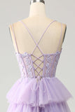 Lila Tyll Tiered Princess Corset Balklänning med applikationer