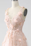 Blush A-linje Spaghetti Straps Lång Balklänning med Applikationer