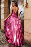 Hot Pink A-linje Spaghetti Straps Plisserad glittrande balklänning med slits