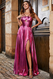 Hot Pink A-linje Spaghetti Straps Plisserad glittrande balklänning med slits