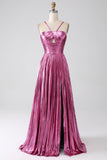 Fuchsia A-linje Spaghetti Remmar Plisserad Balklänning med slits