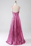 Fuchsia A-linje Spaghetti Remmar Plisserad Balklänning med slits