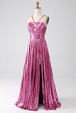 Fuchsia A-linje Spaghetti Remmar Plisserad Balklänning med slits