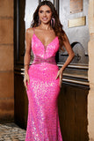 Hot Pink Glitter Mermaid Prom Klänning med Beading Midja
