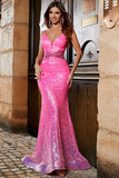 Hot Pink Glitter Mermaid Prom Klänning med Beading Midja