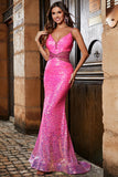Hot Pink Glitter Mermaid Prom Klänning med Beading Midja