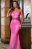 Hot Pink Glitter Mermaid Prom Klänning med Beading Midja