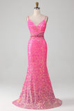 Hot Pink Spaghetti Straps Glitter Mermaid Prom Klänning med Beading Midja