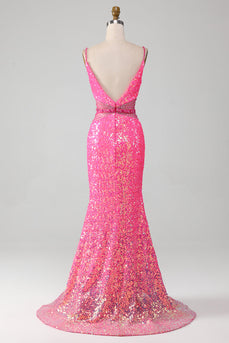Hot Pink Spaghetti Straps Glitter Mermaid Prom Klänning med Beading Midja