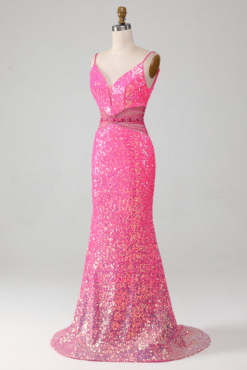 Hot Pink Spaghetti Straps Glitter Mermaid Prom Klänning med Beading Midja