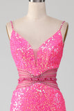 Hot Pink Spaghetti Straps Glitter Mermaid Prom Klänning med Beading Midja