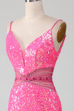 Hot Pink Spaghetti Straps Glitter Mermaid Prom Klänning med Beading Midja