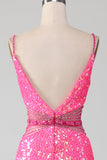 Hot Pink Spaghetti Straps Glitter Mermaid Prom Klänning med Beading Midja