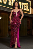 Spaghetti Straps Hot Pink Glittrande Mermaid Paljetter Lång Balklänning med slits