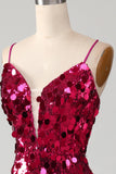 Glittrande sjöjungfru spaghetti remmar Fuchsia paljetter Lång balklänning med slits