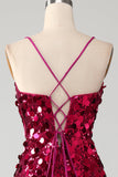 Glittrande sjöjungfru spaghetti remmar Fuchsia paljetter Lång balklänning med slits