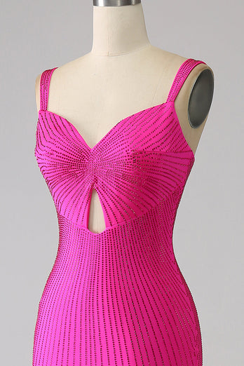 Glittrande sjöjungfru Hot Pink Balklänning med ihålig utlösning