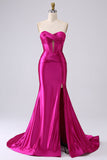 Glittrande Fuchsia Mermaid Sweetheart Korsett Lång Balklänning med slits