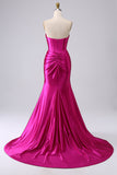 Glittrande Fuchsia Mermaid Sweetheart Korsett Lång Balklänning med slits