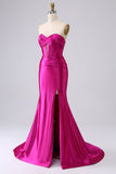 Glittrande Fuchsia Mermaid Sweetheart Korsett Lång Balklänning med slits