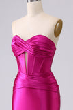 Glittrande Fuchsia Mermaid Sweetheart Korsett Lång Balklänning med slits