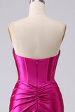 Glittrande Fuchsia Mermaid Sweetheart Korsett Lång Balklänning med slits