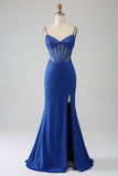 Royal Blue Mermaid korsett balklänning med pärlor
