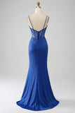 Royal Blue Mermaid korsett balklänning med pärlor