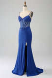 Royal Blue Mermaid korsett balklänning med pärlor