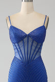Royal Blue Mermaid korsett balklänning med pärlor