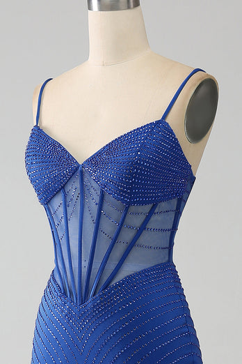 Royal Blue Mermaid korsett balklänning med pärlor