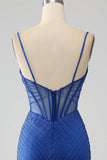 Royal Blue Mermaid korsett balklänning med pärlor