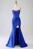 Mermaid Axelbandslös Royal Blue Corset Balklänning med Beading